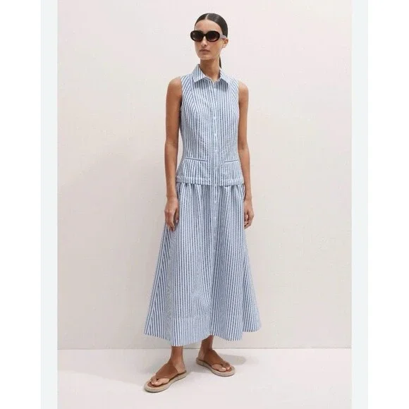 Me+Em Italian Seersucker Stripe Maxi Shirt Dress Italian Cotton Blend Size 6 - Picture 1 of 9